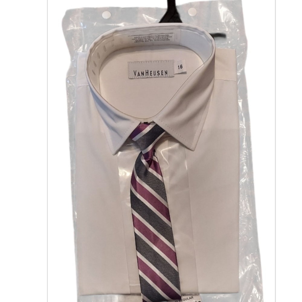 NWT Van Heusen White Dress Shirt with Purple And Charcoal Striped Tie Combo ~ 16